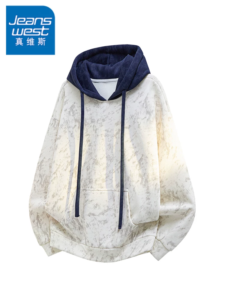 Áo nỉ có mũ trùm đầu màu sắc phong cách Mỹ của Jeanswest dành cho nam, mùa xuân thu, dáng rộng, thương hiệu thời thượng, cảm giác cao cấp, áo kiểu sành điệu.