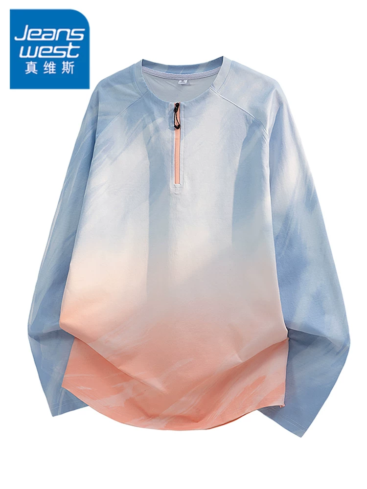 Áo nỉ cổ tròn nửa khóa kéo phối màu gradient phong cách Mỹ của Jeanswest dành cho nam, mùa xuân thu, cảm giác cao cấp, dáng rộng, áo đa năng.