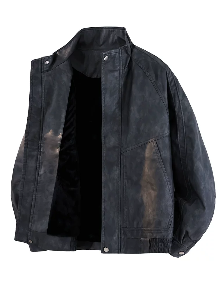 Áo khoác da cổ đứng phong cách retro của Jeanswest dành cho nam, mùa xuân và mùa thu, dáng rộng, lót lông cừu, dày dặn, áo khoác ngắn ấm áp.