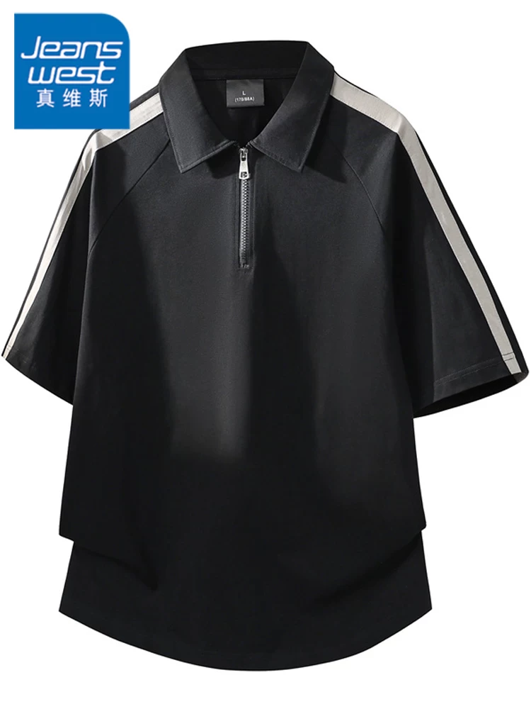 Áo thun nam Jeanswest 100% cotton nguyên chất, phối màu, cổ nửa khóa kéo, dáng rộng mùa hè, chất liệu cao cấp, tay ngắn thoáng khí.