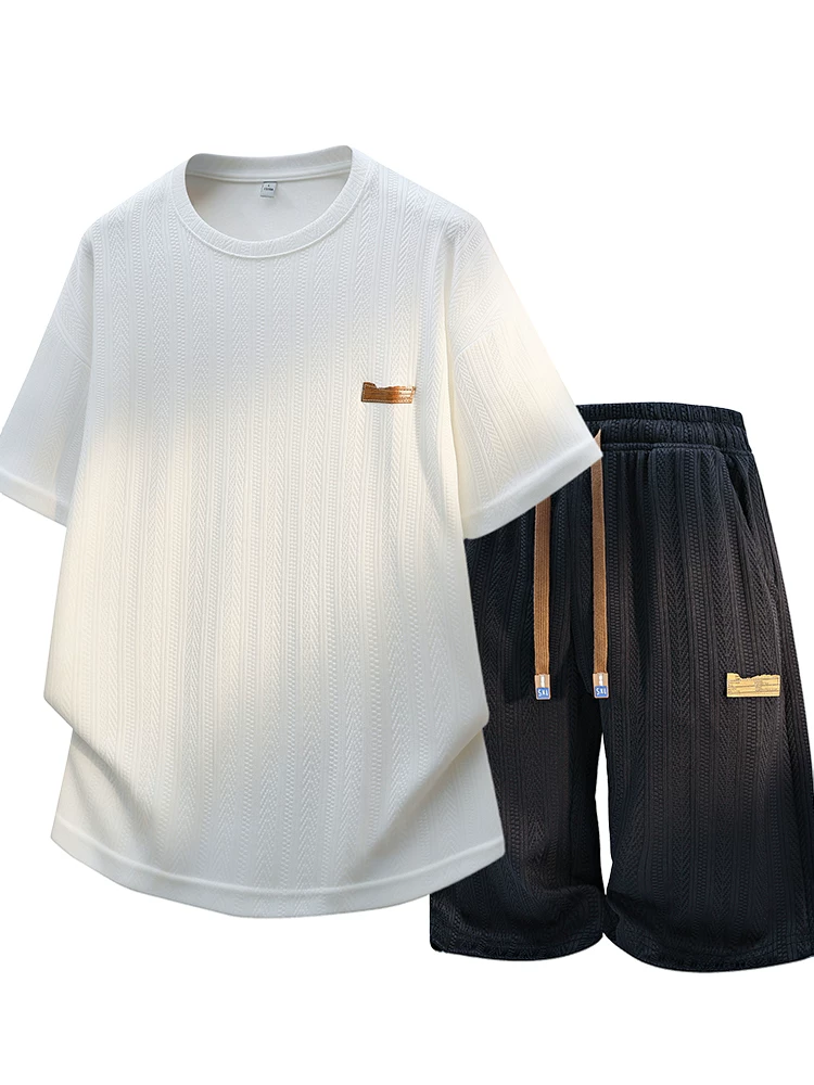 Bộ đồ nam Jeanswest kiểu Mỹ, chất liệu sọc dệt, cổ tròn, tay ngắn, thiết kế rộng rãi, cao cấp, thời trang, hai mảnh, mùa hè.