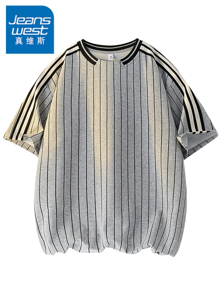 Áo thun nam cổ tròn kẻ sọc phong cách Mỹ của Jeanswest, chất liệu lụa băng, kiểu dáng rộng rãi, thời trang, thoáng khí, tay ngắn, mùa hè.