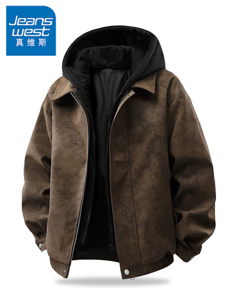 Áo khoác hai mảnh có mũ trùm đầu dành cho nam giới của Jeanswest dành cho thanh thiếu niên, áo khoác PU đa năng chống gió mùa xuân.