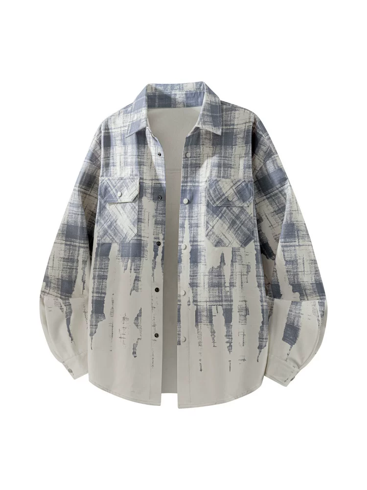 Áo sơ mi nam Jeanswest 2026 kiểu retro kẻ caro nhuộm tie-dye, cổ trụ, mùa xuân thu, đa năng, dáng rộng, phong cách casual