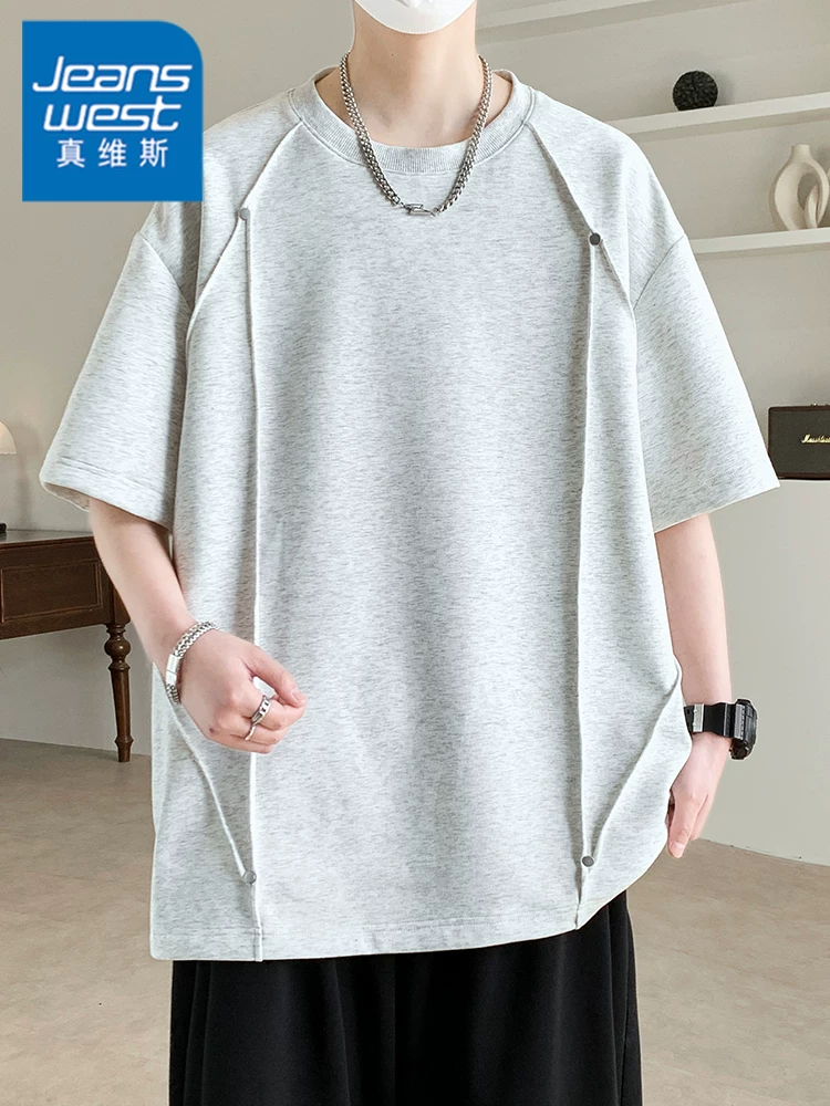 Áo thun cổ tròn đinh tán phá cách phong cách Mỹ của Jeanswest dành cho nam, dáng rộng mùa hè, thương hiệu thời thượng cao cấp, áo ngắn tay thoáng khí.