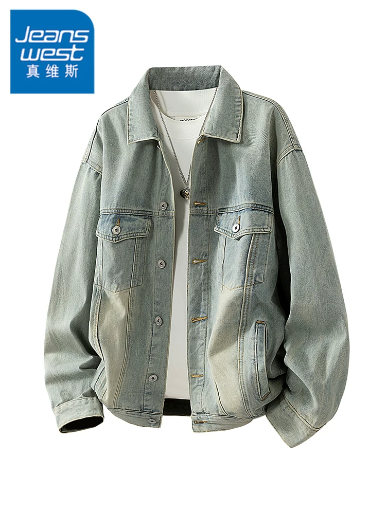 Áo khoác denim cổ điển cao cấp của Jeanswest dành cho nam, áo khoác ngoài đa năng dáng rộng phong cách Mỹ mùa xuân thu.