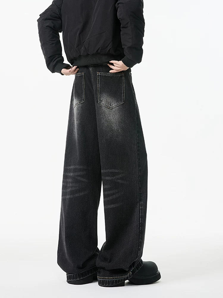 Quần jeans đen rách gối dáng rộng dành cho nam, mùa xuân thu, quần dài kiểu Mỹ cao cấp, dáng suông rộng.