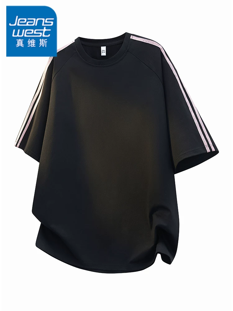 Áo thun ngắn tay sọc năm phần tư phong cách Mỹ của thương hiệu Jeanswest dành cho nam, mùa xuân hè, rộng rãi và thoáng khí, áo màu đen.