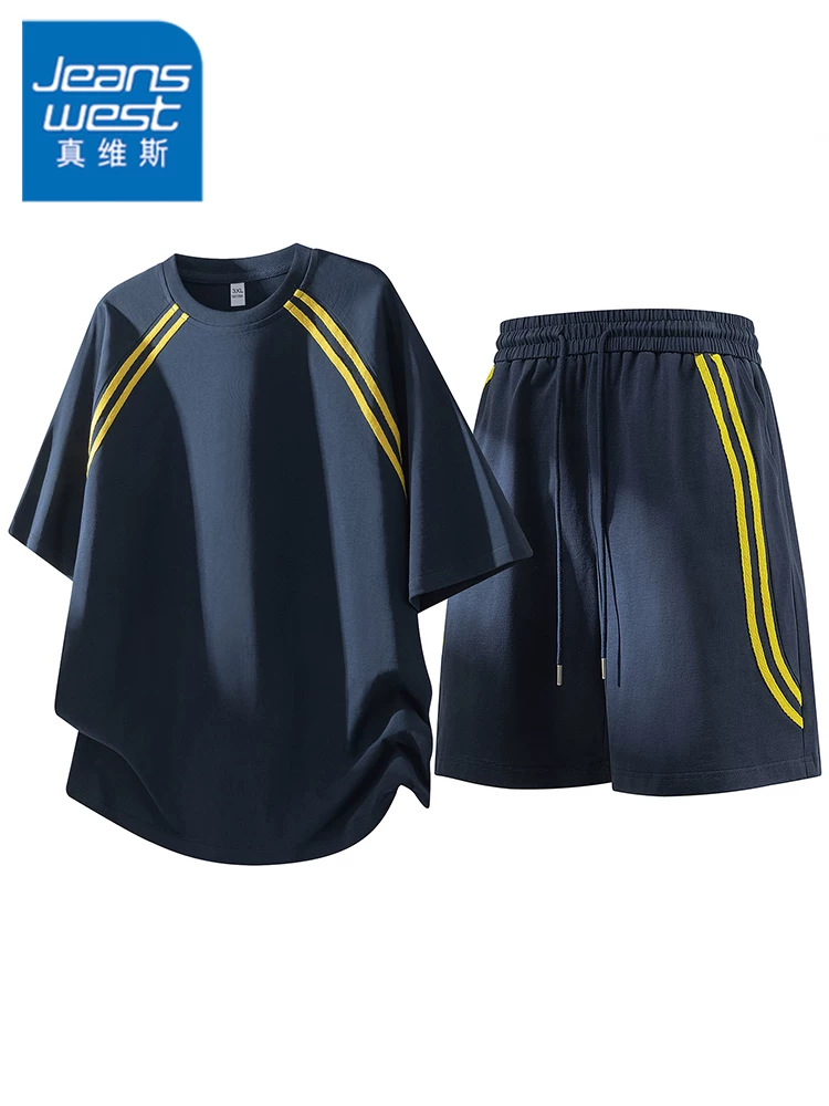 Bộ đồ ngắn tay cổ tròn sọc kẻ sọc dành cho nam của Jeanswest, bộ đồ hai mảnh thể thao rộng rãi thoáng khí cao cấp mùa hè dành cho nam.