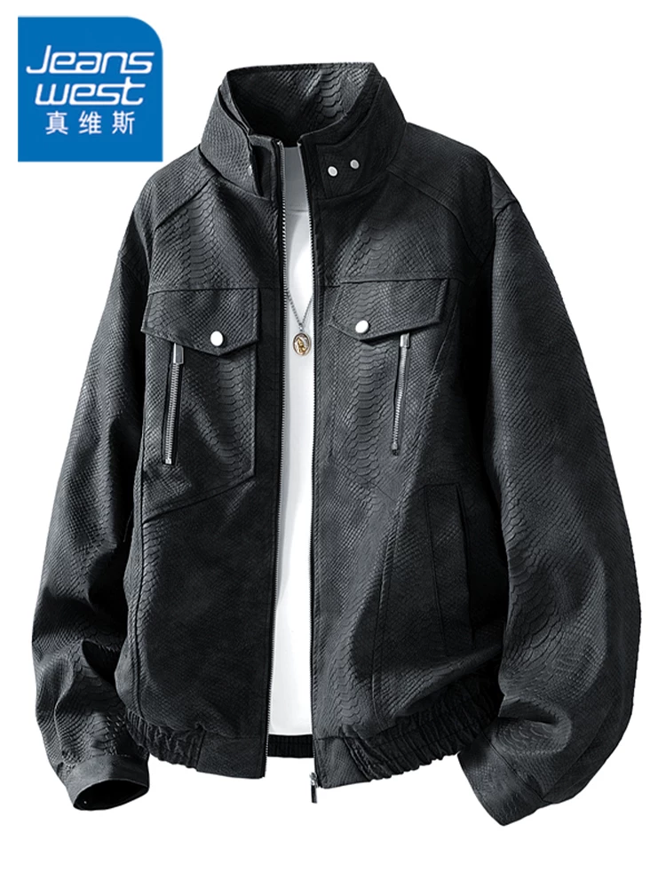 Áo khoác cổ đứng họa tiết da trăn phong cách retro của Jeanswest dành cho nam, áo khoác màu đen dáng rộng thoải mái cho mùa xuân và mùa thu.