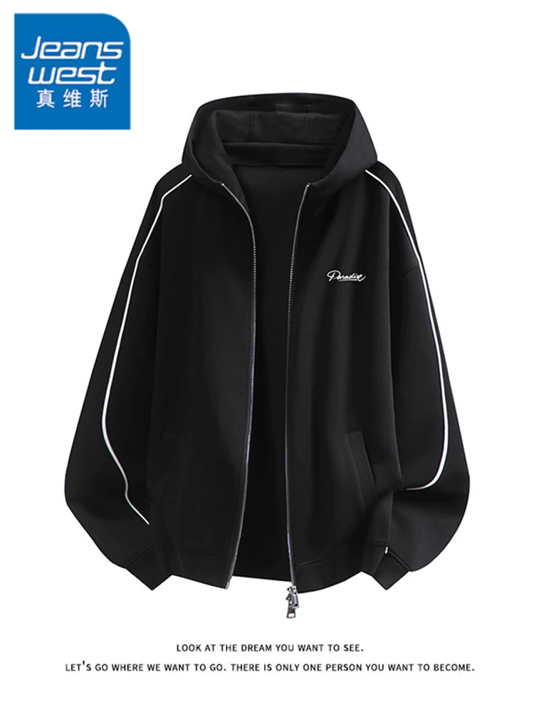Áo khoác cardigan có mũ trùm đầu của Jeanswest dành cho nam, mùa xuân và mùa thu, áo khoác thể thao màu đen rộng rãi, giản dị, đa năng, phong cách.