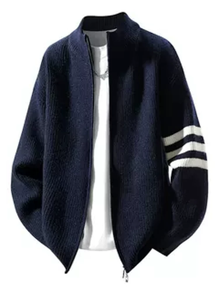 Áo len cardigan có khóa kéo cổ đứng kiểu Mỹ của Jeanswest dành cho nam, áo khoác dệt kim sọc thời trang mùa xuân thu.
