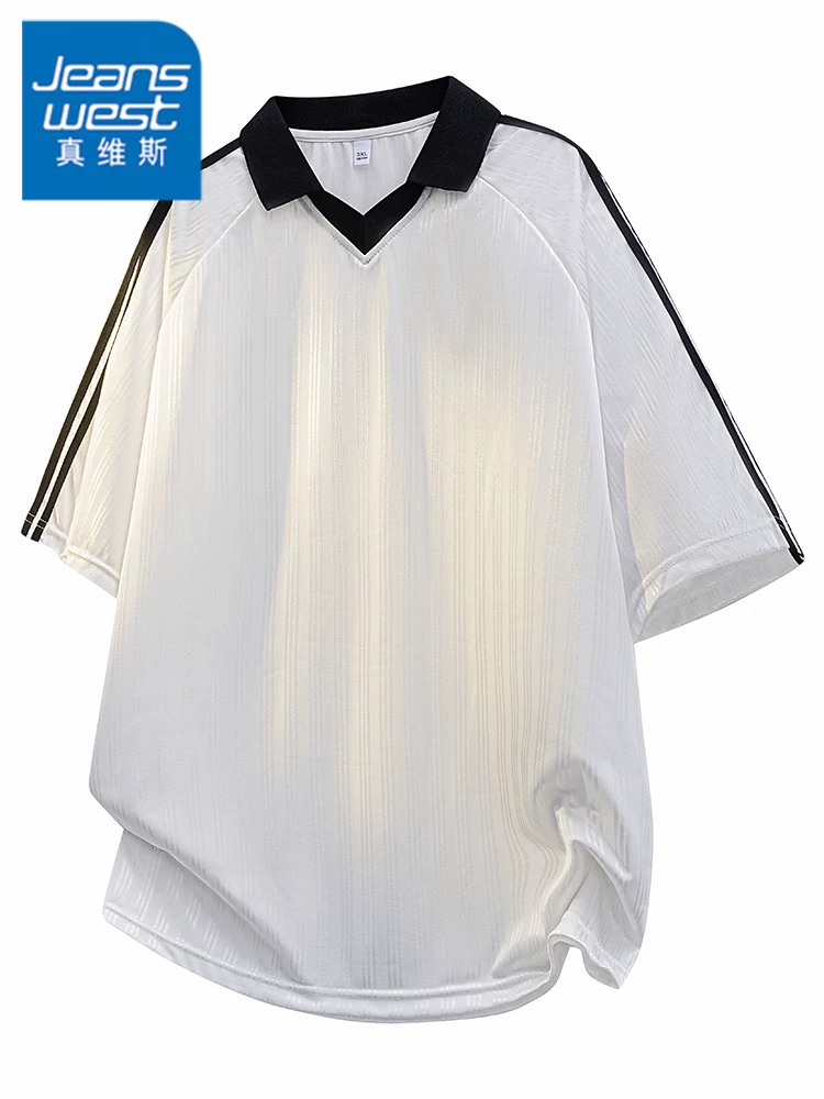 Áo thun cổ bẻ ba sọc phong cách Mỹ của Jeanswest dành cho nam, thương hiệu thời trang cao cấp mùa hè, tay ngắn rộng rãi và thoáng khí.