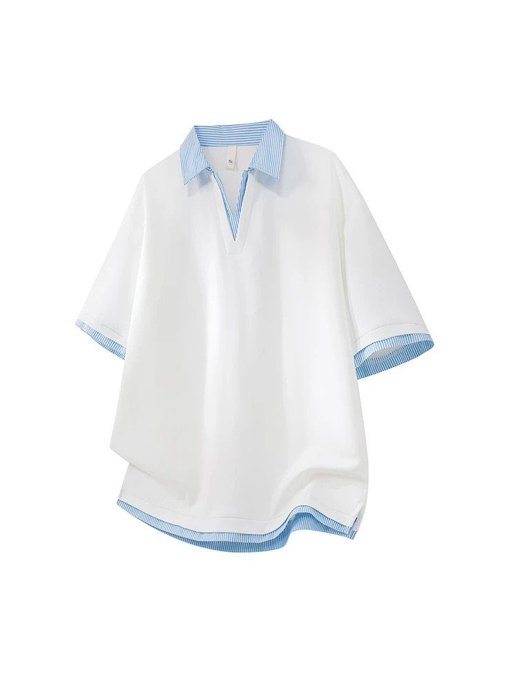 Áo thun nam cổ chữ V sọc giả hai mảnh phong cách Mỹ của Jeanswest, dáng rộng mùa hè, cảm giác cao cấp, thoáng khí, thân thiện với làn da, tay ngắn hợp thời trang.