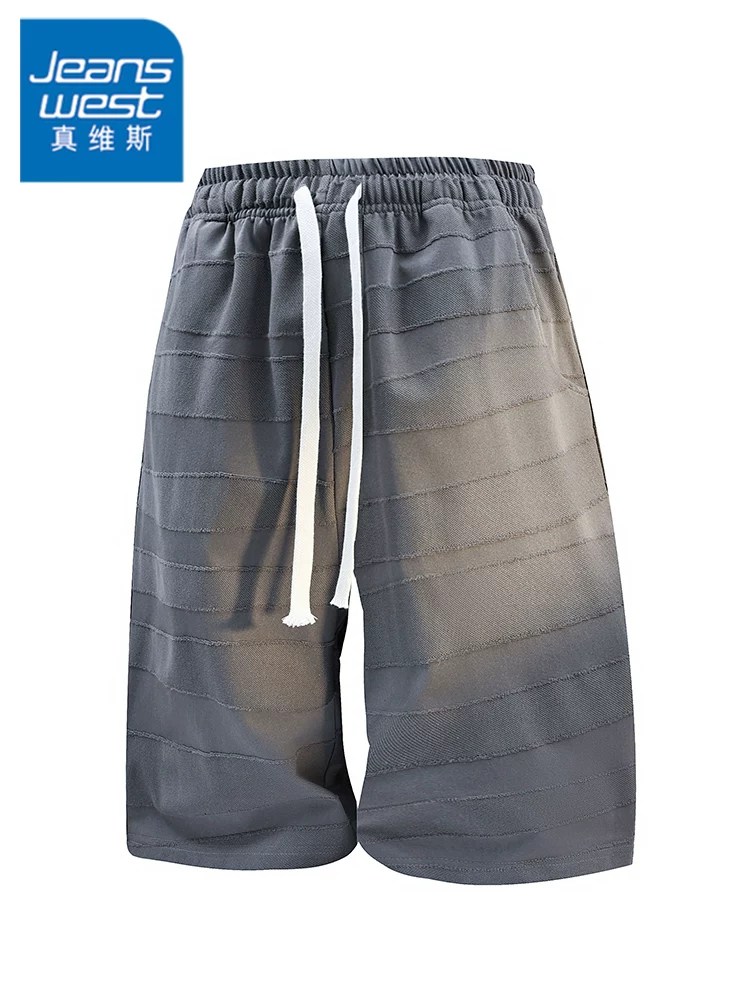Quần short dây rút kẻ sọc phối màu phong cách Mỹ của Jeanswest dành cho nam, quần short năm điểm rộng rãi, thoáng khí, cao cấp mùa hè.