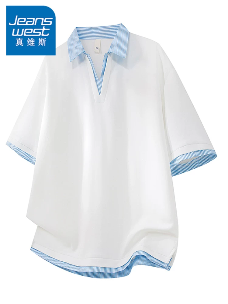 Áo thun giả hai mảnh cổ chữ V sọc giả hai mảnh của Jeanswest dành cho nam, cảm giác cao cấp mùa hè, áo ngắn tay rộng rãi, thoáng khí, thân thiện với làn da.