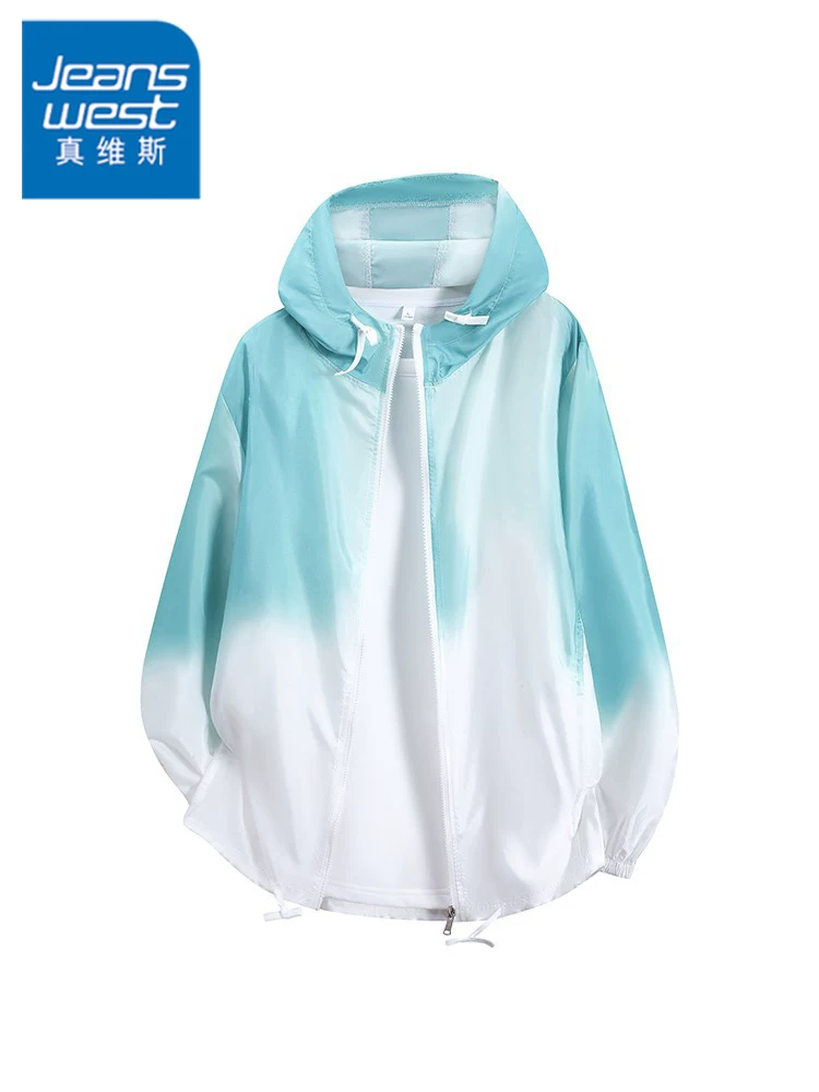 Quần áo chống nắng mát mẻ, nhanh khô, chất liệu lụa băng của Jeanswest dành cho nam giới trong mùa hè, áo khoác chống tia UV có mũ trùm đầu màu gradient dành cho cặp đôi
