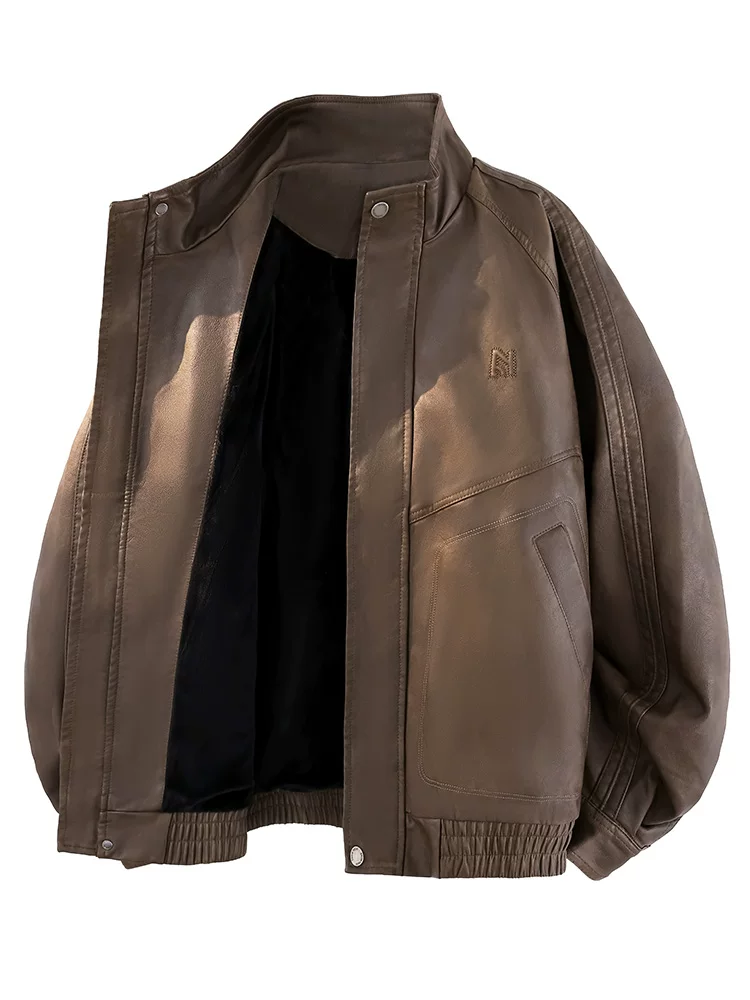 Áo khoác da nam cổ đứng màu đen mới của Jeanswest, phong cách Mỹ cổ điển, chất liệu PU, thích hợp cho mùa xuân thu.