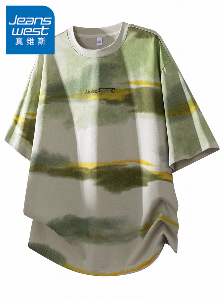 Áo thun cổ tròn chất liệu lụa băng phối màu phong cách Mỹ của Jeanswest dành cho nam, mùa hè cao cấp, rộng rãi, thoải mái, thoáng khí, thân thiện với làn da, tay ngắn.