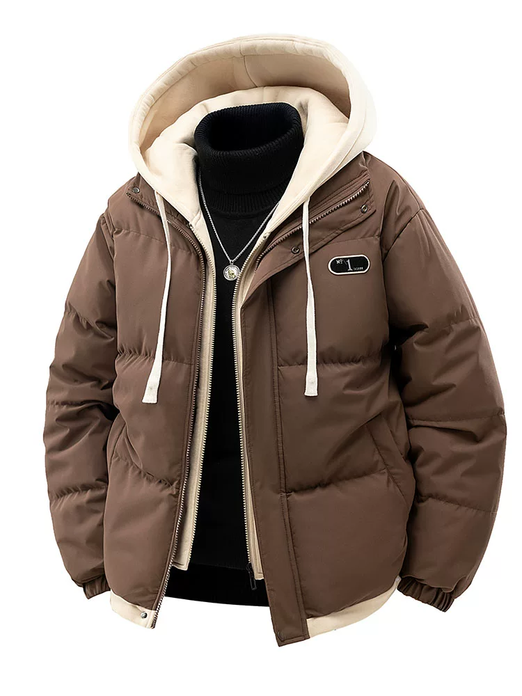 Áo khoác cotton đa năng có mũ trùm đầu giả hai lớp của Jeanswest dành cho nam, áo khoác cotton dày mùa đông, áo khoác ngoài cotton ấm áp.