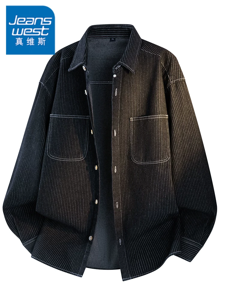 Áo sơ mi denim sọc cổ điển kiểu Mỹ của Jeanswest dành cho nam, mùa xuân thu, thương hiệu thời trang cao cấp, áo khoác dáng rộng thoải mái.