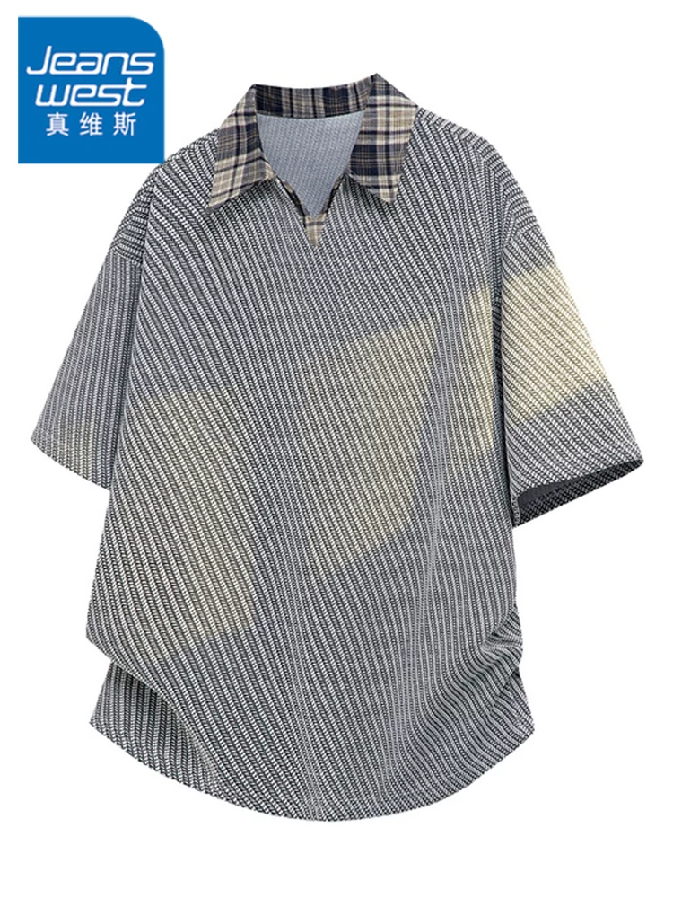 Áo polo kẻ sọc phối màu phong cách Mỹ của Jeanswest dành cho nam, kiểu dáng rộng rãi mùa hè, áo polo thương hiệu cao cấp, thoáng khí, hợp thời trang.