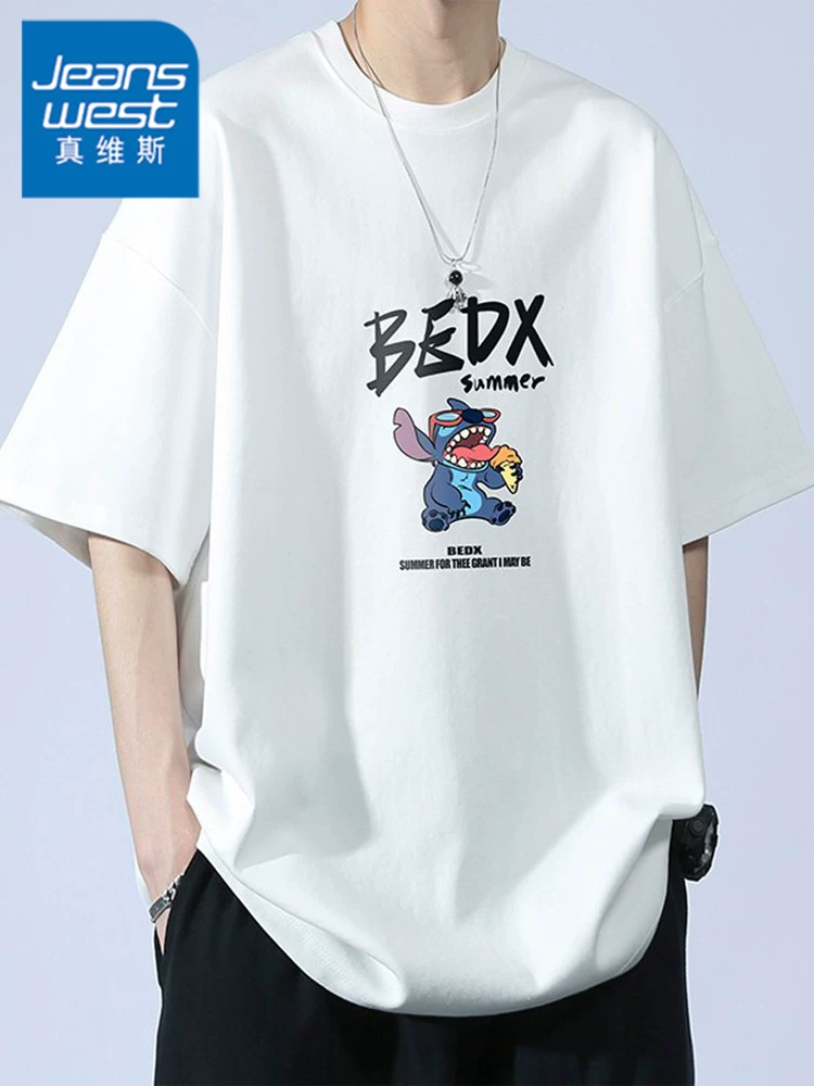 Áo thun nam Jeanswest kiểu Mỹ thời trang, chất liệu cotton nguyên chất, tay ngắn, mẫu mới hè 2025, dáng rộng rãi, đa năng.