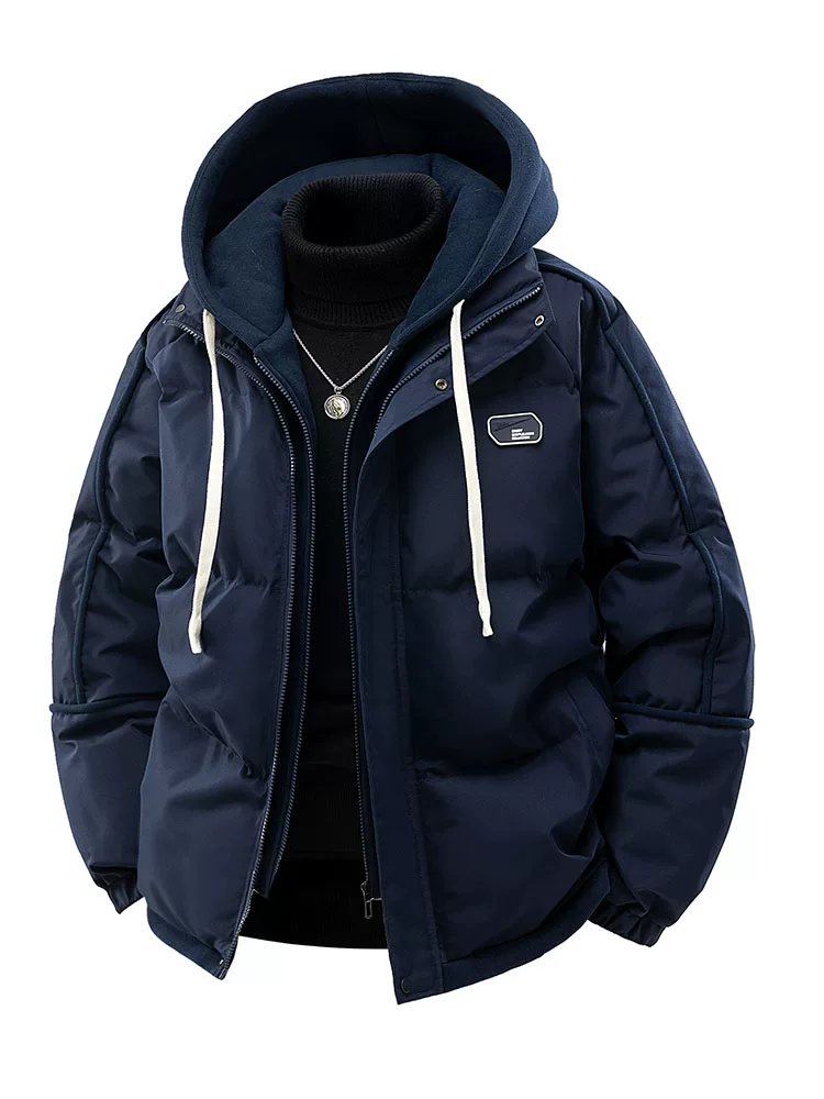 Áo khoác cotton đen Jeanswest dành cho nam, áo khoác mùa đông thiết kế giả hai lớp, quần áo cotton giữ ấm chống lạnh cho nam.