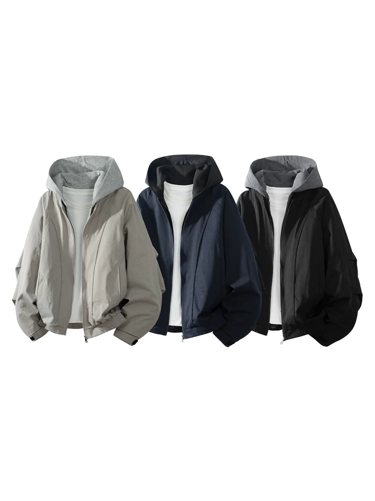 Áo khoác có mũ giả hai lớp cao cấp của Jeanswest dành cho nam, áo khoác màu đen thời trang phong cách Mỹ dáng rộng mùa xuân thu.