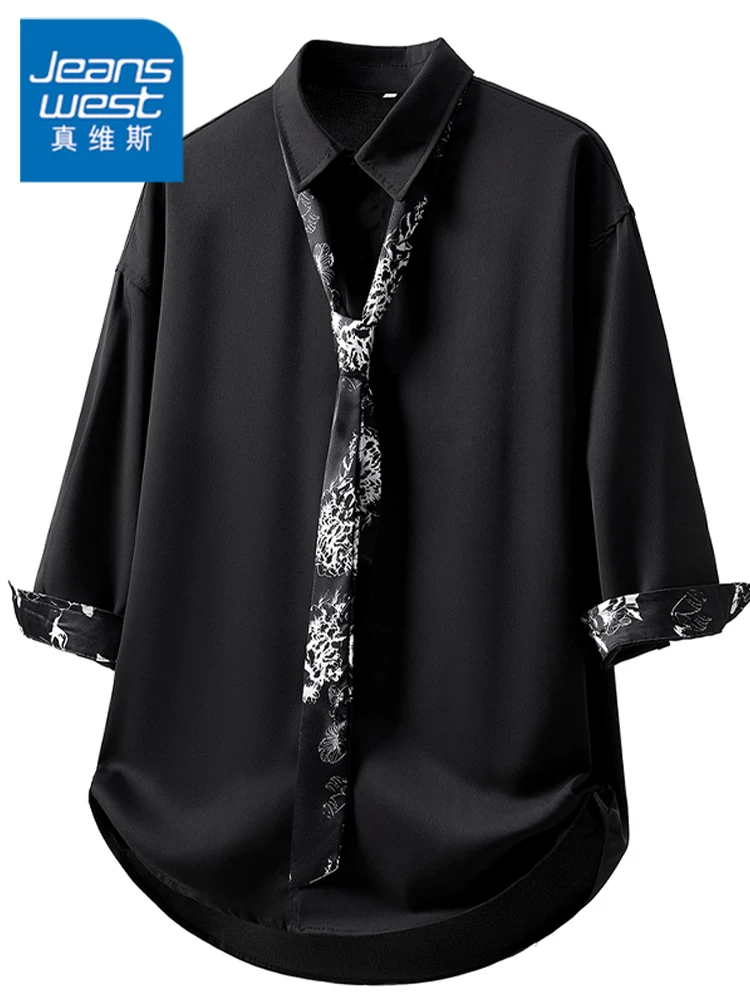 Áo thun tay ba phần tư Jeanswest Lapel Ice Silk dành cho nam, áo sơ mi cardigan mỏng thoáng khí cao cấp mùa hè thân thiện với làn da.