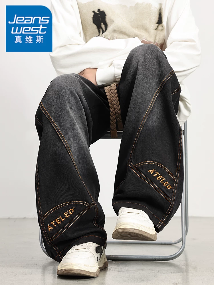 Quần jean thêu viền cong thông thường của Jeanswest dành cho nam, mùa xuân và mùa thu, cỡ lớn, quần ống rộng màu đen dáng rộng.