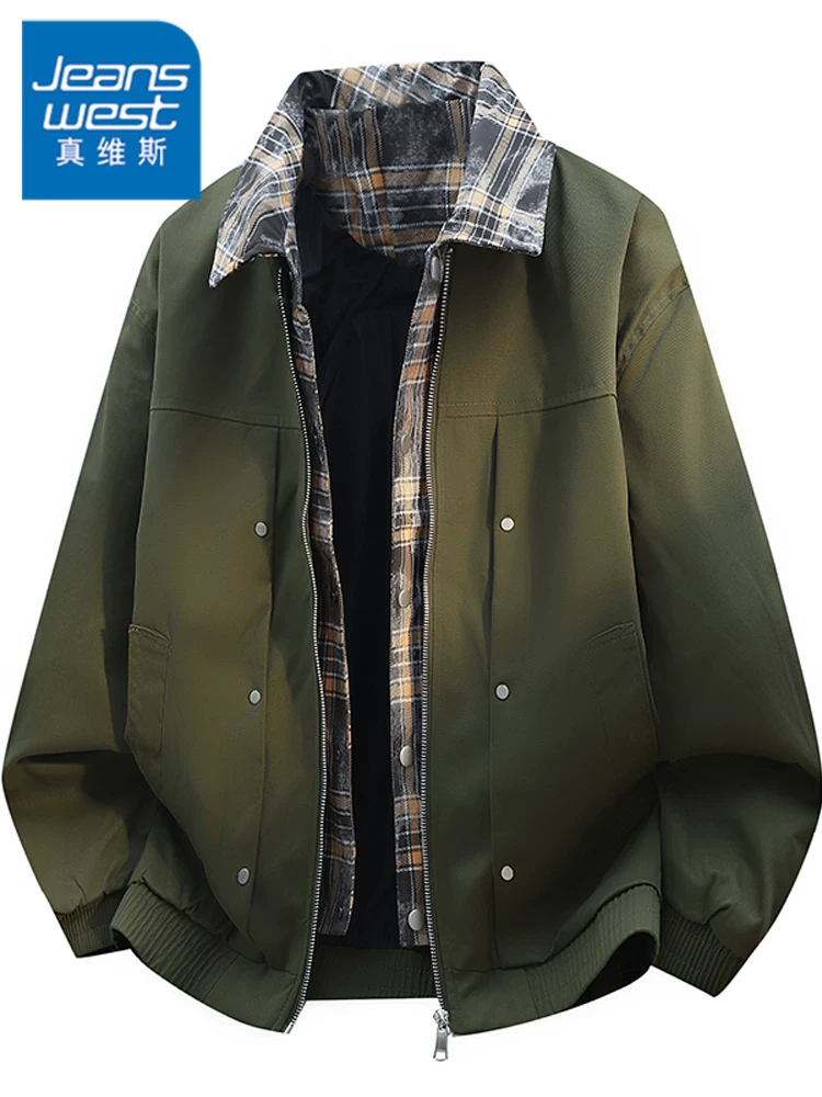 Áo khoác giả hai mảnh có ve áo phong cách Mỹ của thương hiệu Jeanswest dành cho nam, mùa xuân thu, áo khoác oversized mát mẻ và giản dị.