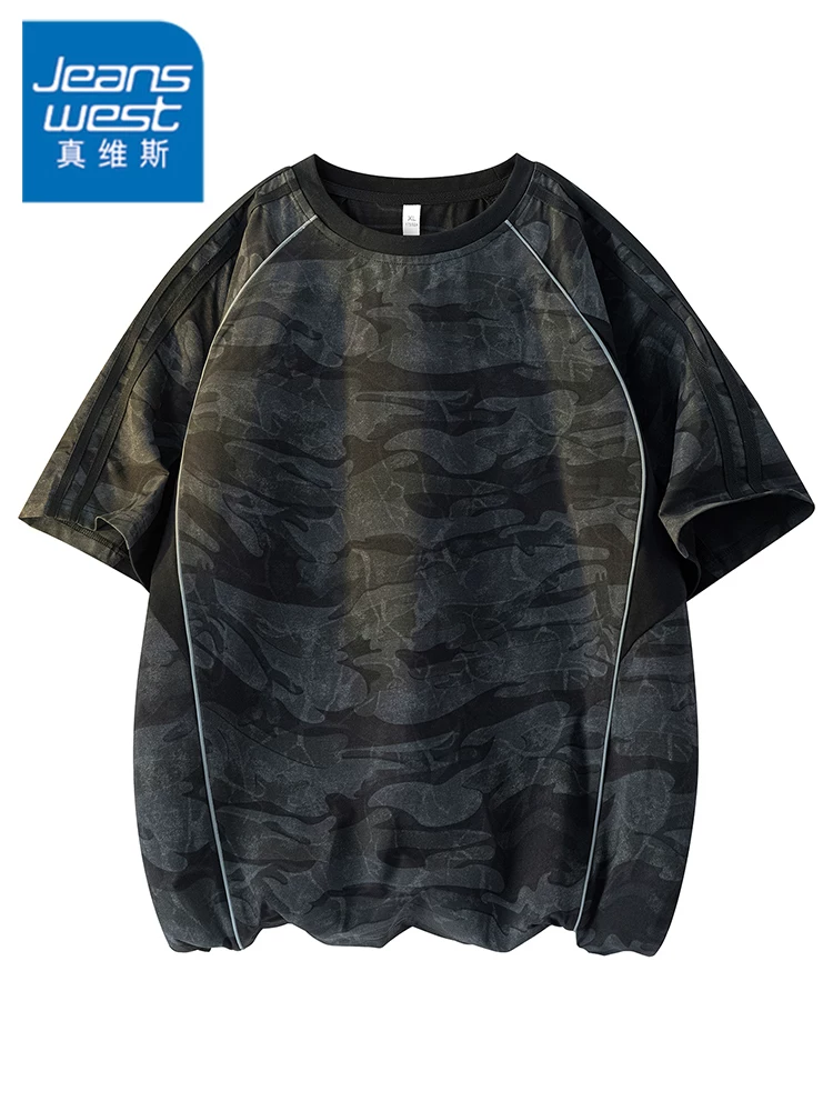 Áo thun cổ tròn vải lụa băng họa tiết rằn ri phong cách Mỹ của Jeanswest dành cho nam, cảm giác cao cấp mùa hè, dáng rộng, thoáng khí, thân thiện với làn da, tay ngắn nhanh khô.