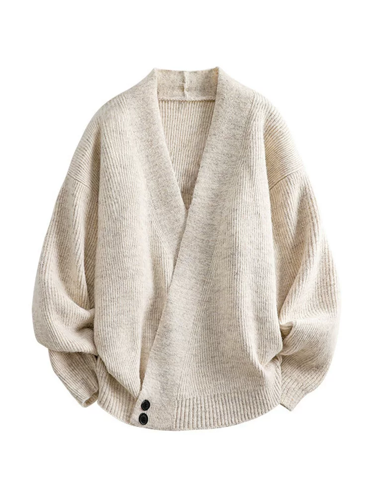 Áo cardigan dệt kim cổ V mới của Jeanswest 2025 dành cho nam, phong cách mùa đông thoải mái, lót lông cừu, dày dặn, dáng rộng, áo len ấm áp.