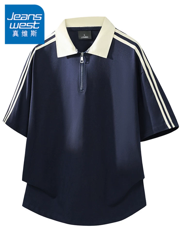 Áo thun nam Jeanswest nửa khóa kéo, kẻ sọc, 100% cotton nguyên chất, thoáng mát mùa hè, cảm giác cao cấp, tay ngắn rộng rãi.