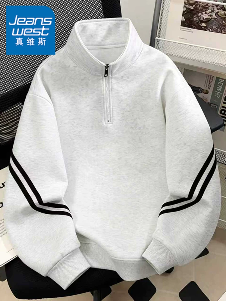 Áo nỉ cổ đứng nửa khóa kéo phong cách Mỹ của thương hiệu Jeanswest dành cho nam, mùa xuân thu, cảm giác cao cấp, kiểu dáng rộng rãi, thoải mái, đa năng.