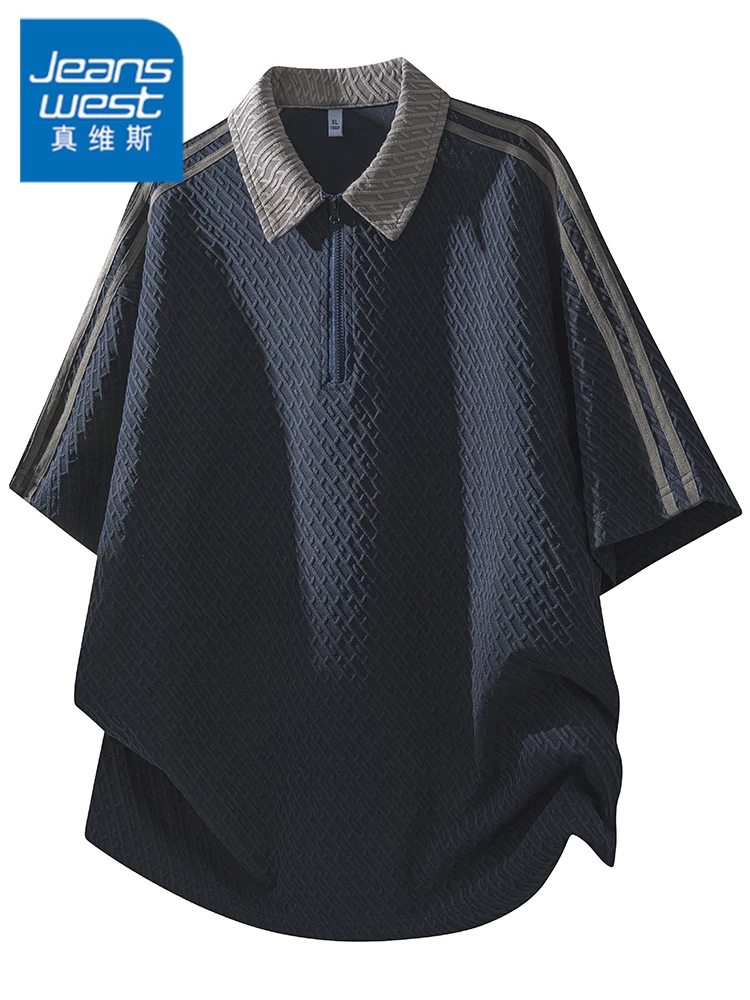 Áo thun nam Jeanswest nửa khóa kéo, kẻ sọc phối màu, mùa hè, dáng rộng, thoải mái, thoáng khí, thân thiện với làn da, cao cấp, tay ngắn.
