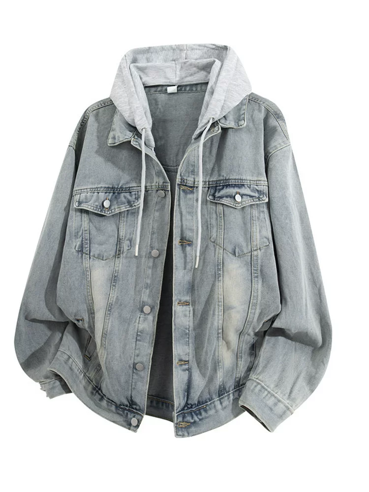 Áo khoác denim giả hai lớp có mũ trùm đầu kiểu Mỹ của Jeanswest dành cho nam, áo khoác thường ngày dáng rộng mùa thu.