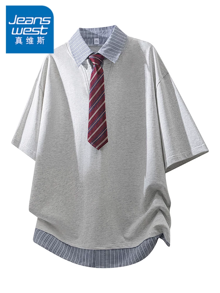Áo thun POLO giả hai mảnh kiểu Mỹ của Jeanswest dành cho nam, áo thun ngắn tay thoáng khí, dáng rộng, phong cách đại học, mùa hè.
