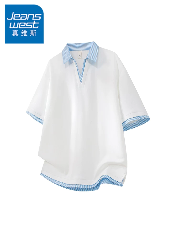 Áo thun giả hai mảnh kiểu Mỹ của Jeanswest, cổ bẻ, chất liệu lụa băng dành cho nam, áo sơ mi ngắn tay cao cấp, rộng rãi, hợp thời trang, thoáng khí mùa hè.