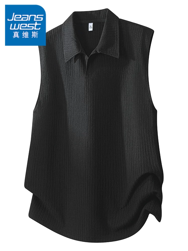 Áo thun không tay cao cấp có cổ của Jeanswest dành cho nam, áo thun màu đen thời trang rộng rãi thoáng khí mùa xuân hè.