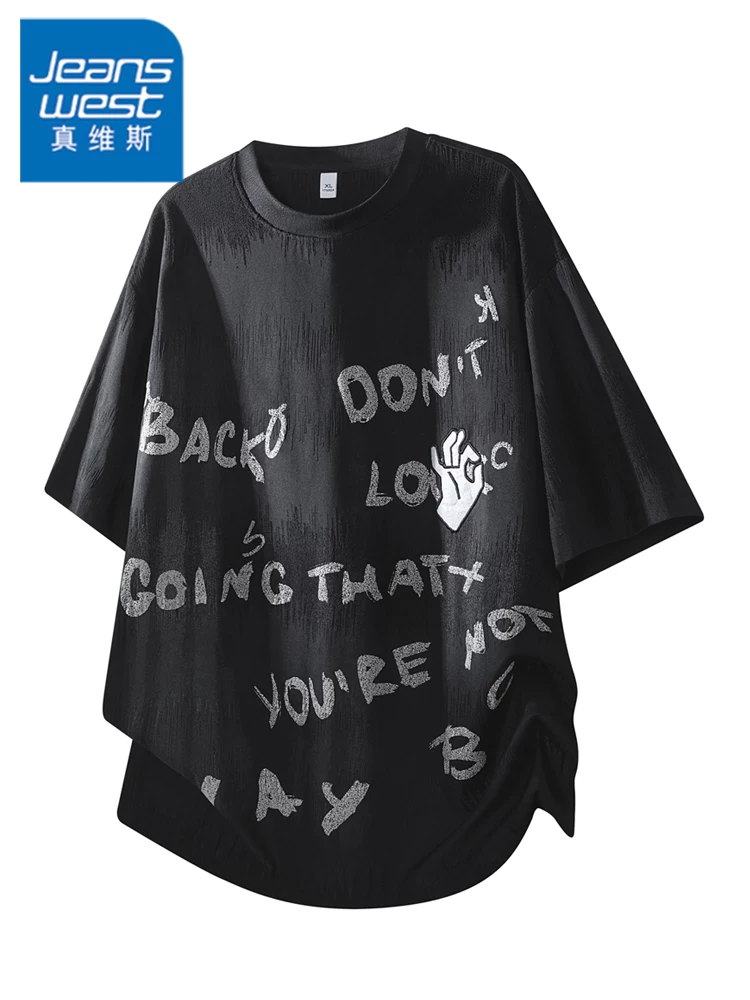 Áo thun cổ tròn in chữ phong cách Mỹ của Jeanswest dành cho nam, dáng rộng mùa hè, cảm giác cao cấp, thoáng khí, thân thiện với làn da.