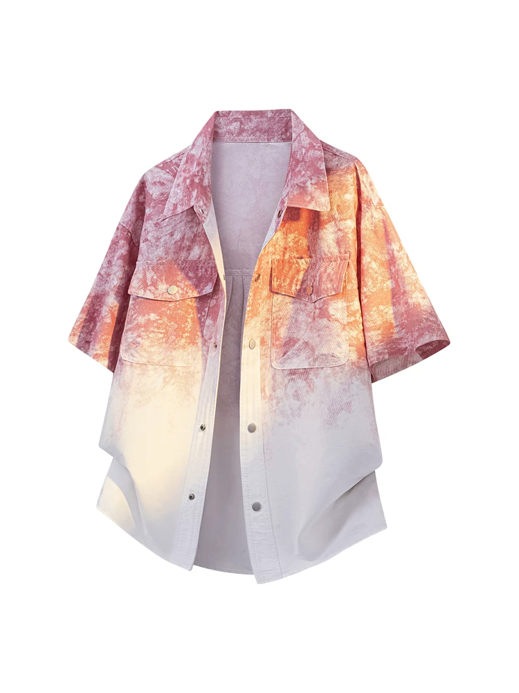 Áo sơ mi ngắn tay phối màu tie-dye phong cách Mỹ của Jeanswest dành cho nam, trang phục công sở cao cấp mùa hè, áo dáng rộng thương hiệu thời trang.