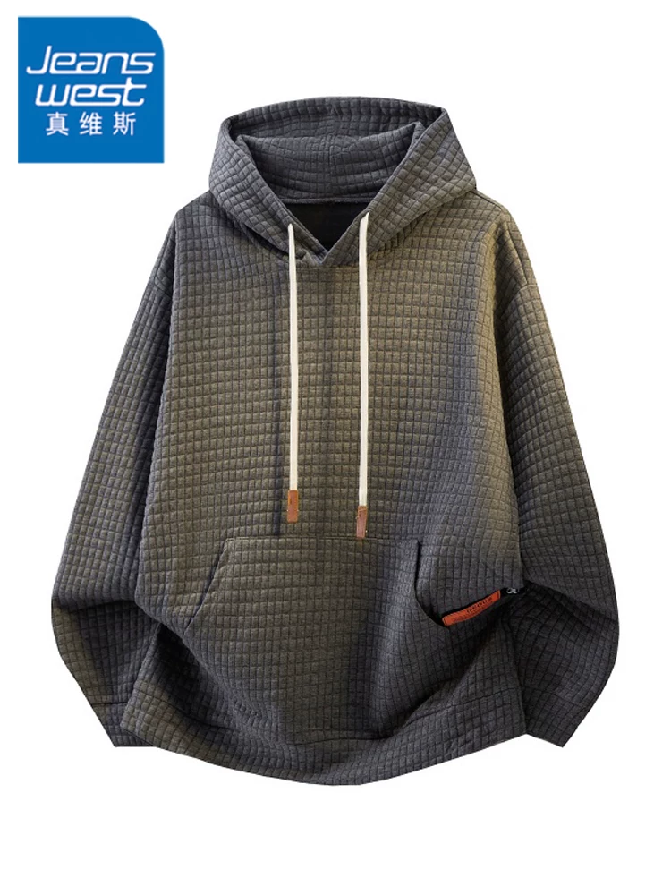 Áo nỉ có mũ trùm đầu kiểu waffle thông thường của Jeanswest dành cho nam, mùa xuân và mùa thu, dáng rộng, phong cách cao cấp, áo kiểu mát mẻ và đa năng.