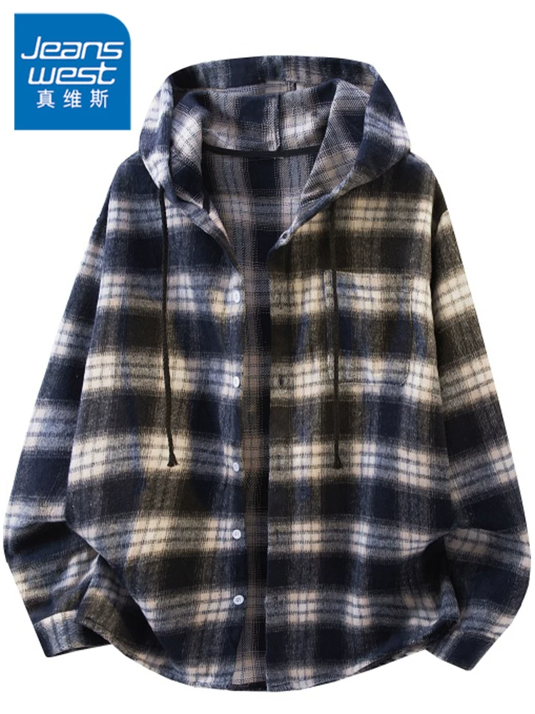 Áo sơ mi có mũ trùm đầu kẻ sọc phong cách retro của Jeanswest dành cho nam, áo khoác đa năng dáng rộng thông thường cao cấp mùa xuân thu.