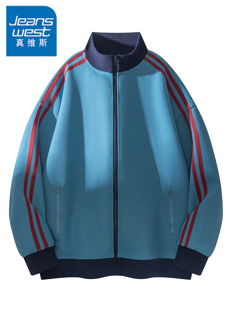 Áo nỉ cổ đứng kẻ sọc màu sắc phong cách Mỹ của Jeanswest dành cho nam, mùa xuân và mùa thu, áo khoác ngoài dáng rộng cao cấp.