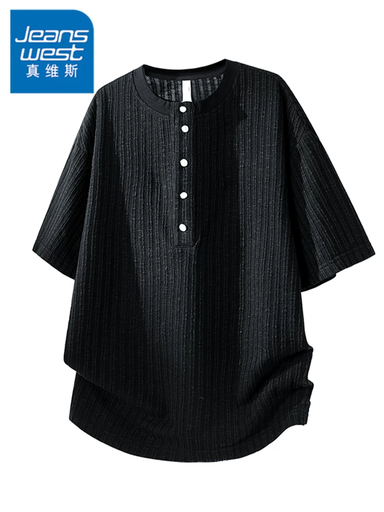 Áo thun ngắn tay cổ tròn sọc kiểu Mỹ của Jeanswest dành cho nam, mùa xuân hè, áo thun đen cao cấp dáng rộng thoải mái.