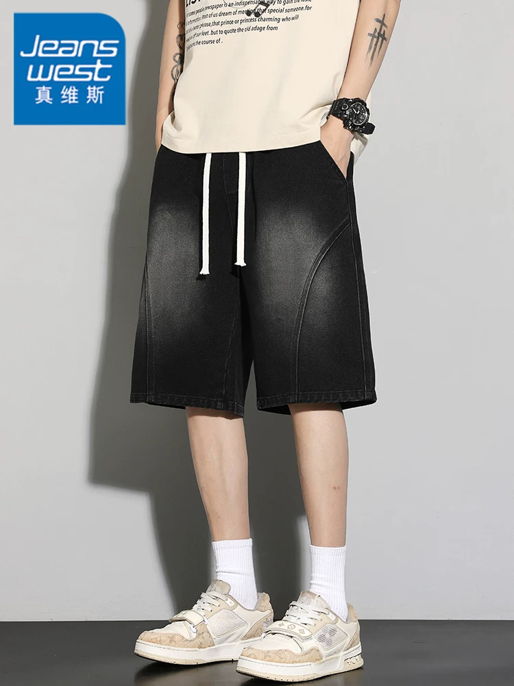Quần short denim họa tiết bông tuyết, kiểu Mỹ cổ điển, rách nhẹ, dành cho nam, chất liệu thoáng khí, mỏng, thích hợp cho mùa hè.