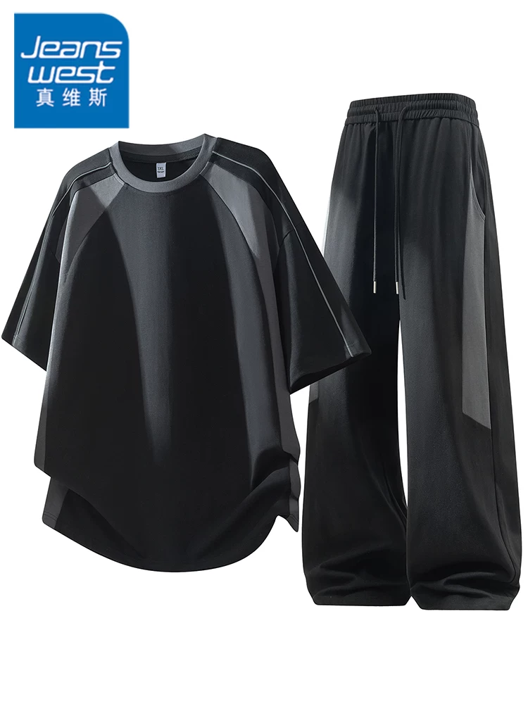 Bộ đồ thể thao thời trang kiểu Mỹ Jeanswest dành cho nam, thiết kế mùa hè rộng rãi, thoáng khí, áo ngắn tay quần dài hai mảnh.
