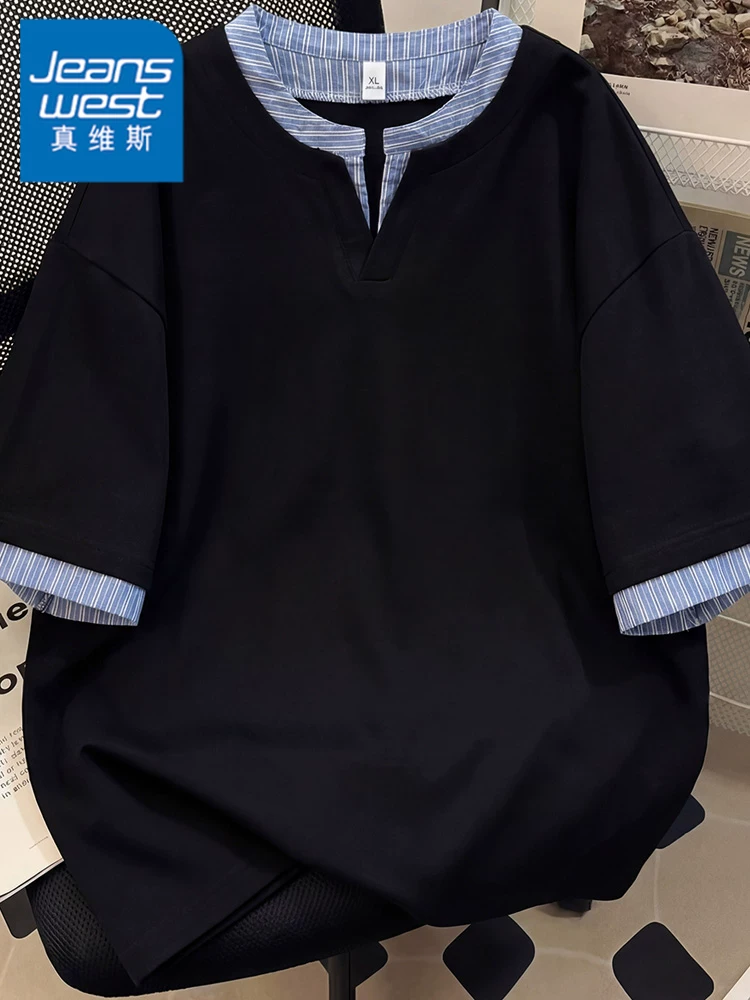 Áo thun nam Jeanswest kiểu Mỹ giả hai lớp, cổ nửa mở, mẫu mới hè 2026, dáng rộng, thoáng khí, thương hiệu thời trang, tay ngắn.